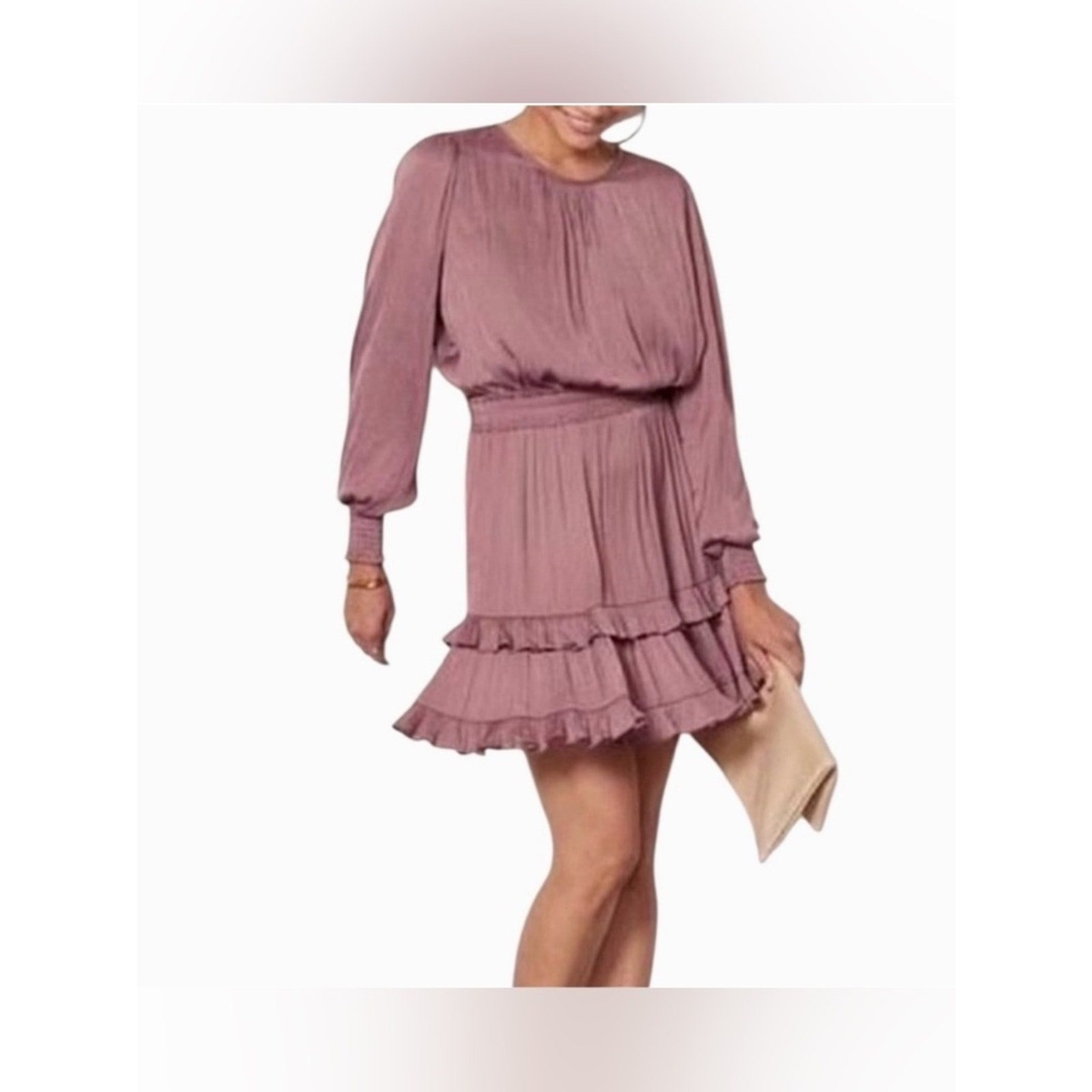 Nwt Evereve Hailey Smocked Waist Long-Sleeve Ruffle Mauve Mini Dress Xl — image 3 of 7